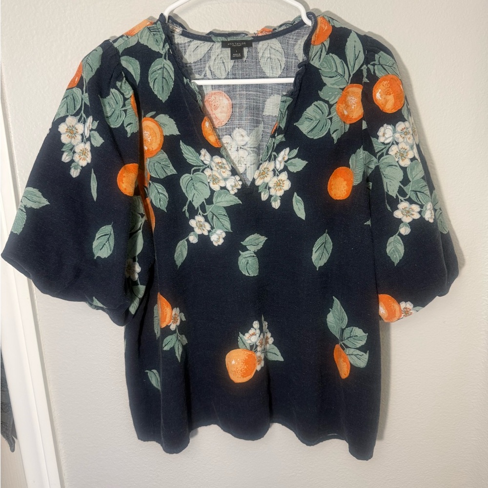 Ann Taylor Navy Top with‎ Orange and Green Floral Print